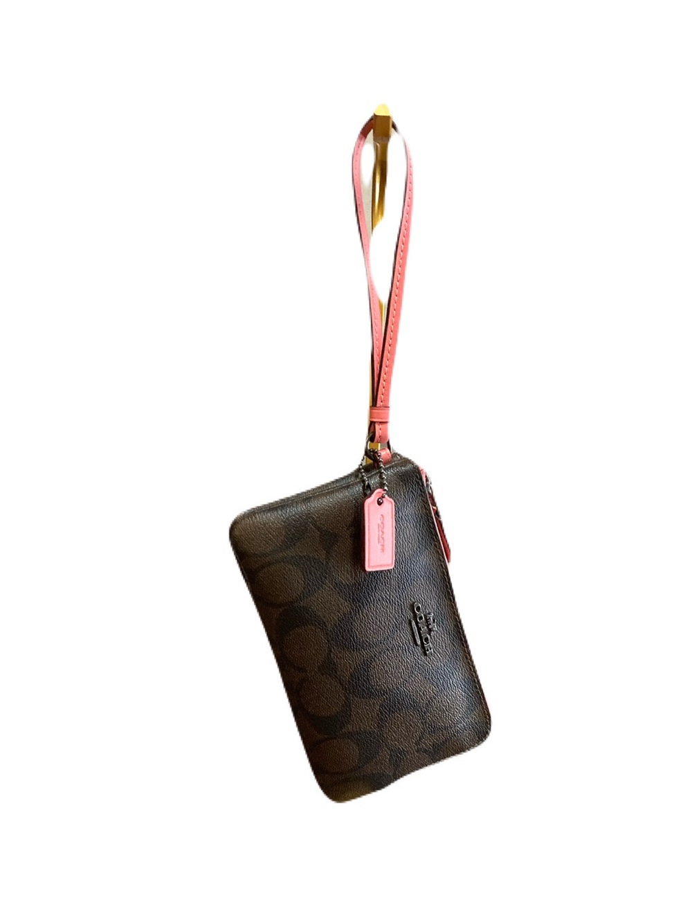 Coach Double Corner Zip Wristlet in Signature Canvas with Pink Leather Trim EUC